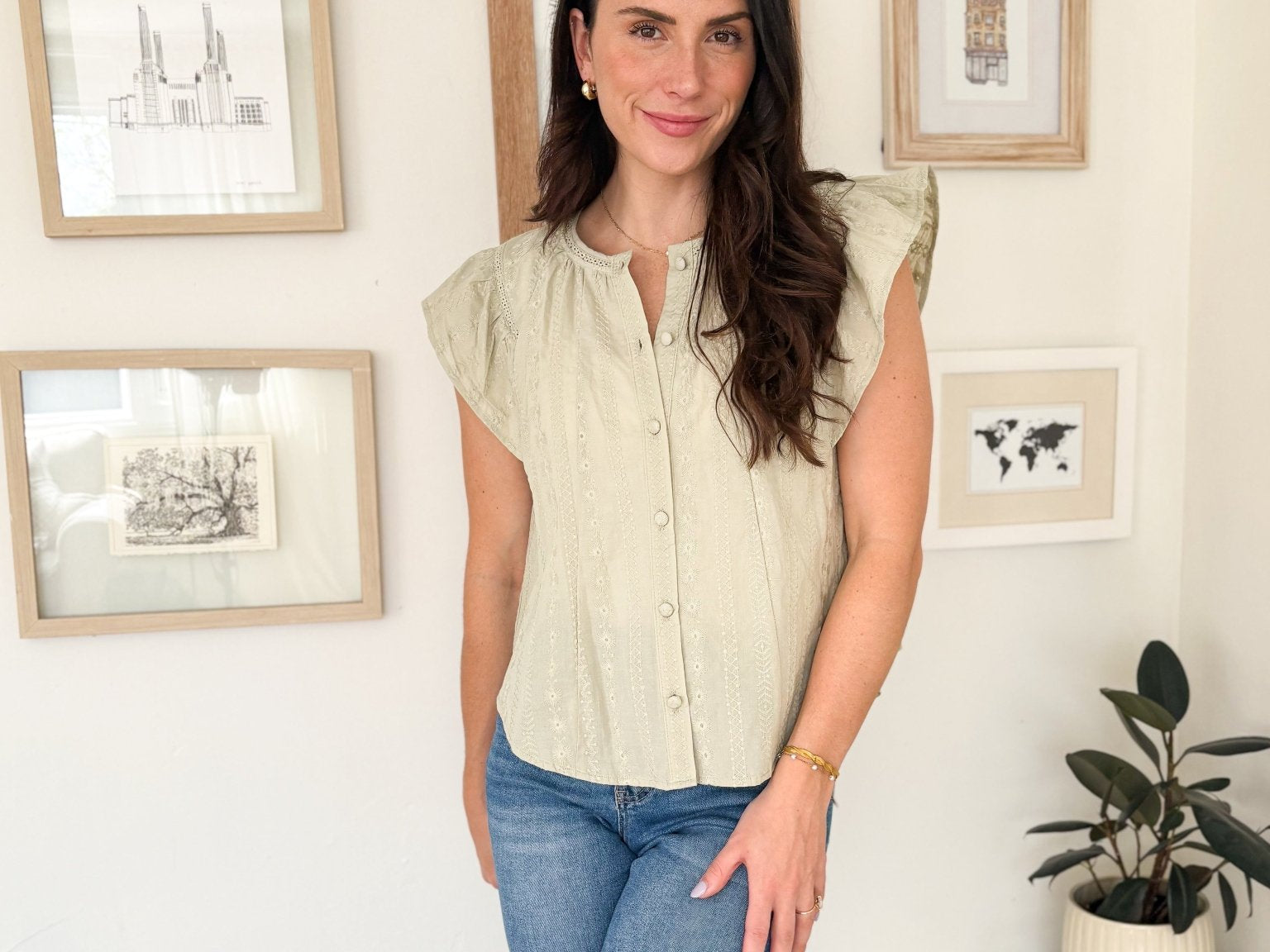 The Pheobe Flutter Sleeve Button Down Embroidered Top - Love and Lee Apparel
