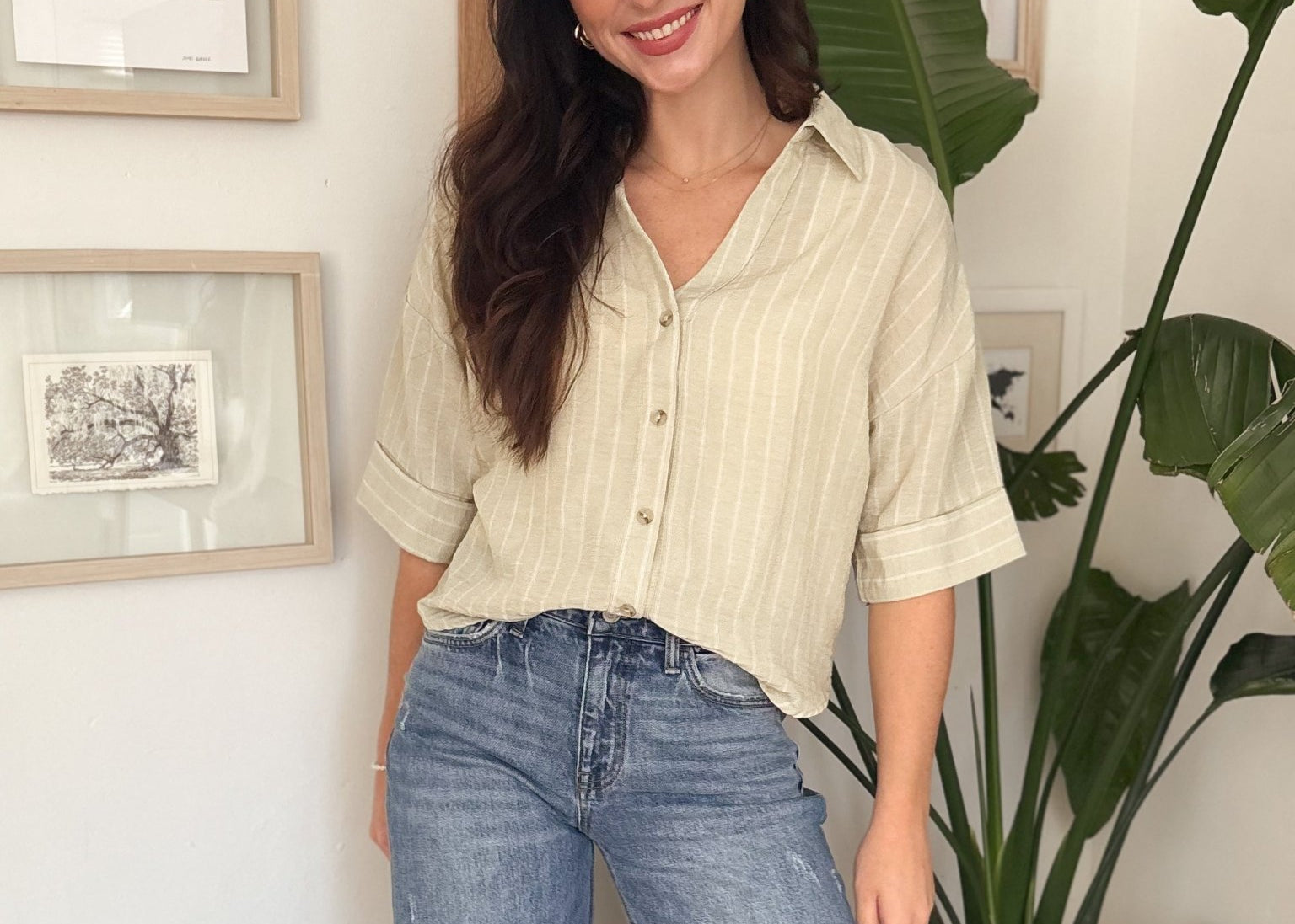 Micheline Pinstripe Collared Button Down 3/4 Sleeve Top - Love and Lee Apparel