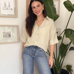 Micheline Pinstripe Collared Button Down 3/4 Sleeve Top - Love and Lee Apparel