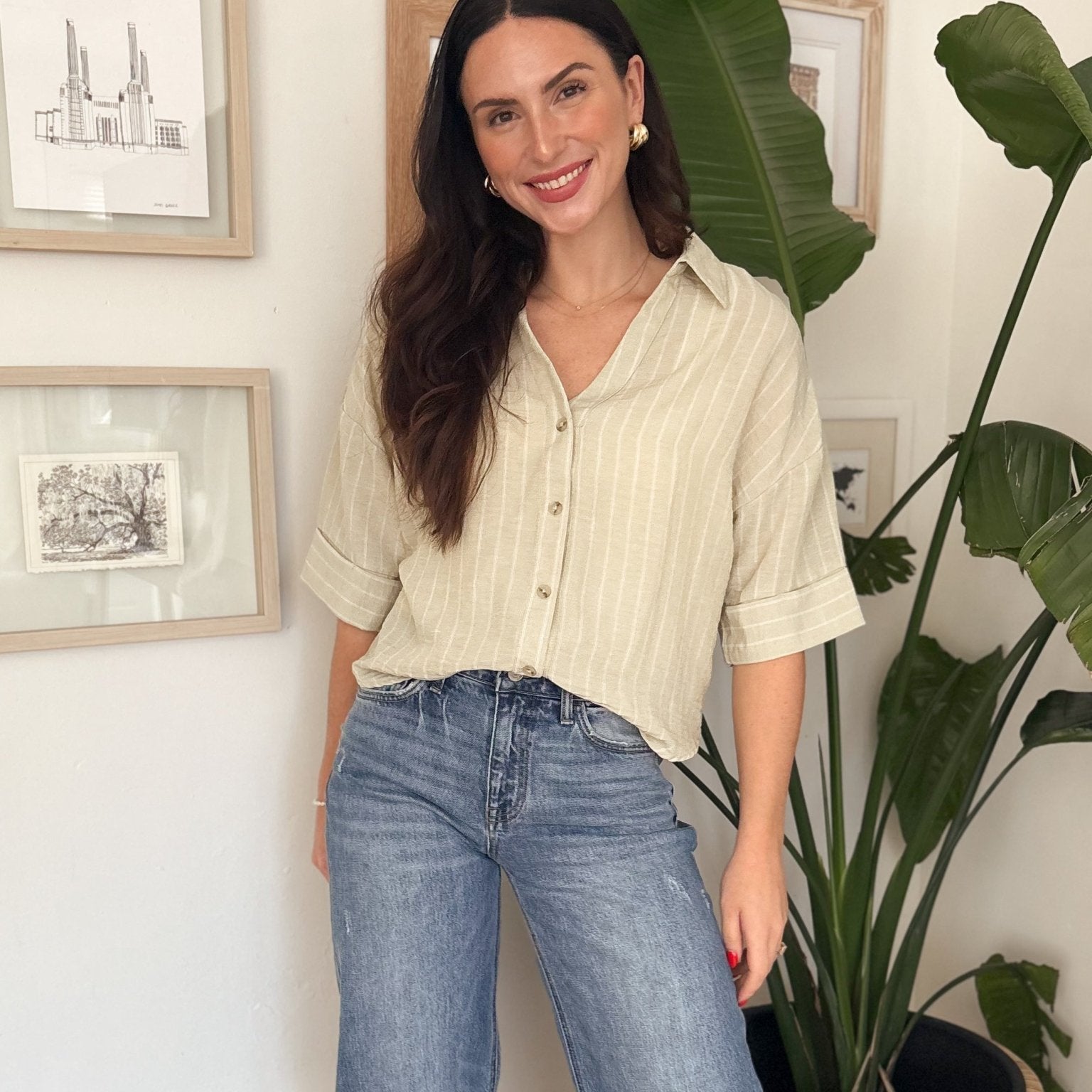 Micheline Pinstripe Collared Button Down 3/4 Sleeve Top - Love and Lee Apparel