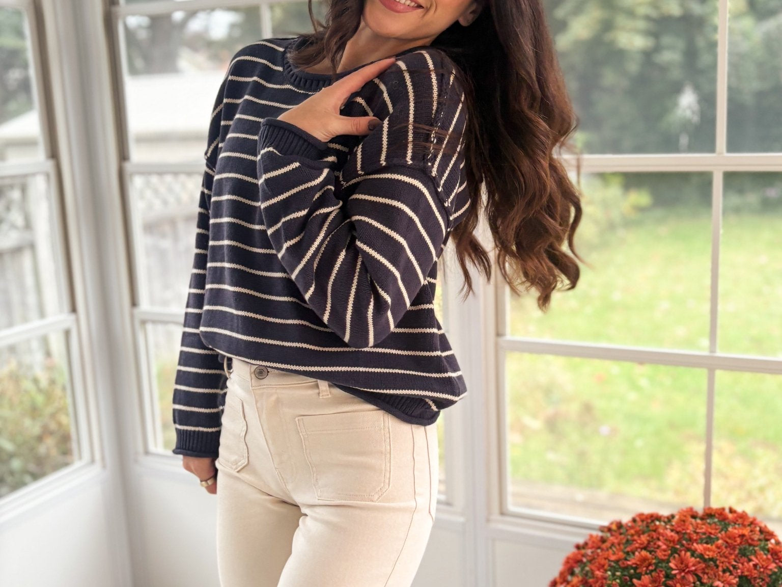 The Highlands Striped Drop Shoulder Crew Neck Sweater in Navy - Love and Lee Apparel