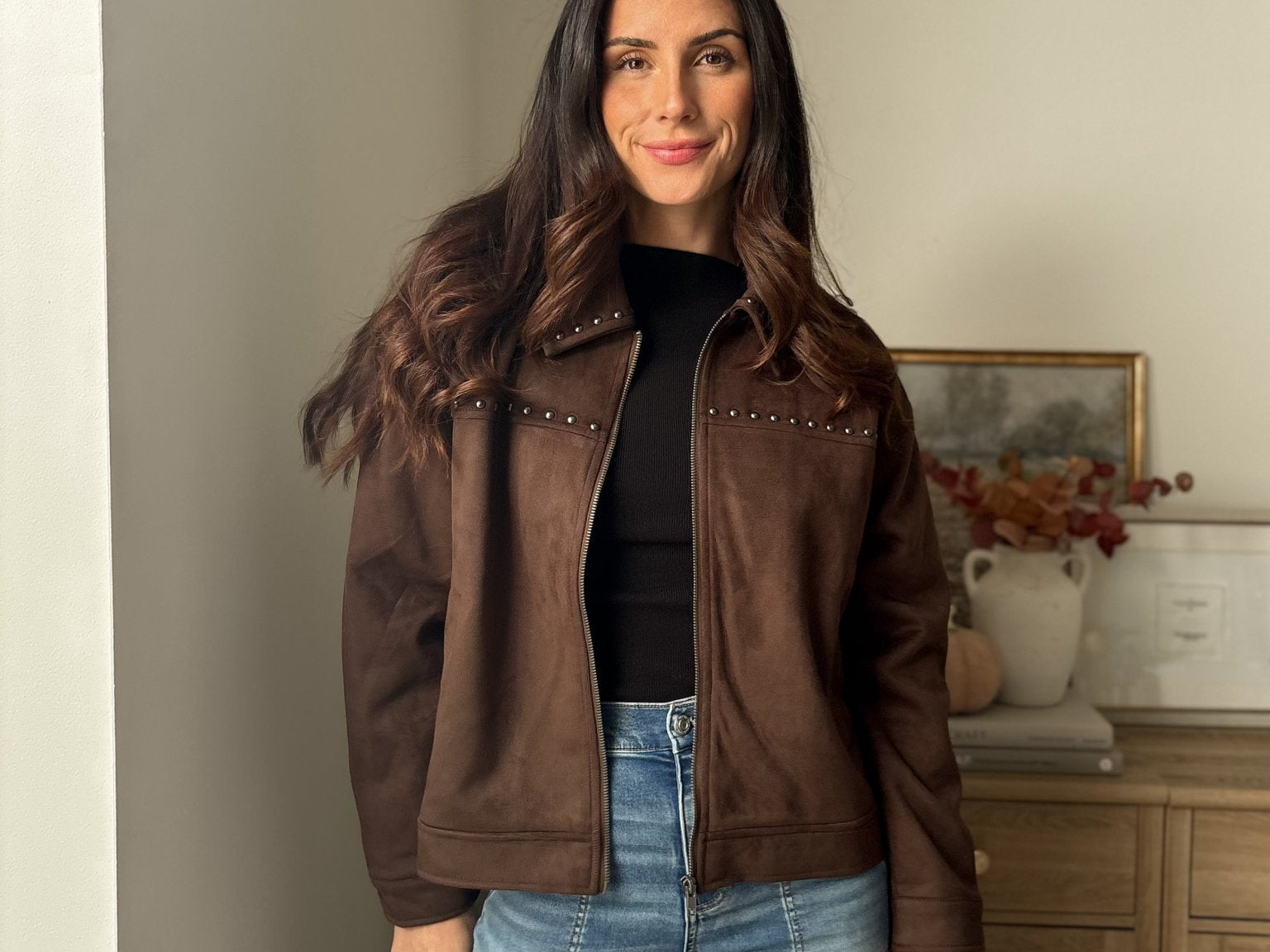 The 'Cozy Fireside' Studded Collared Zip-Up Suede Jacket - Love and Lee Apparel