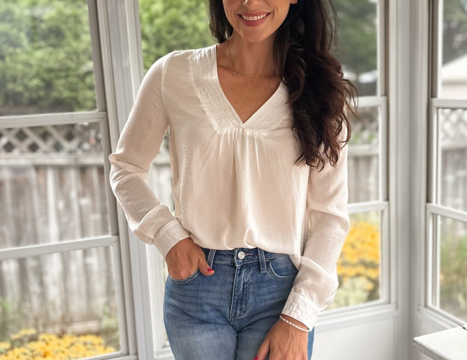 The Marcella Textured Satin V Neck Long Sleeve Blouse - Love and Lee Apparel