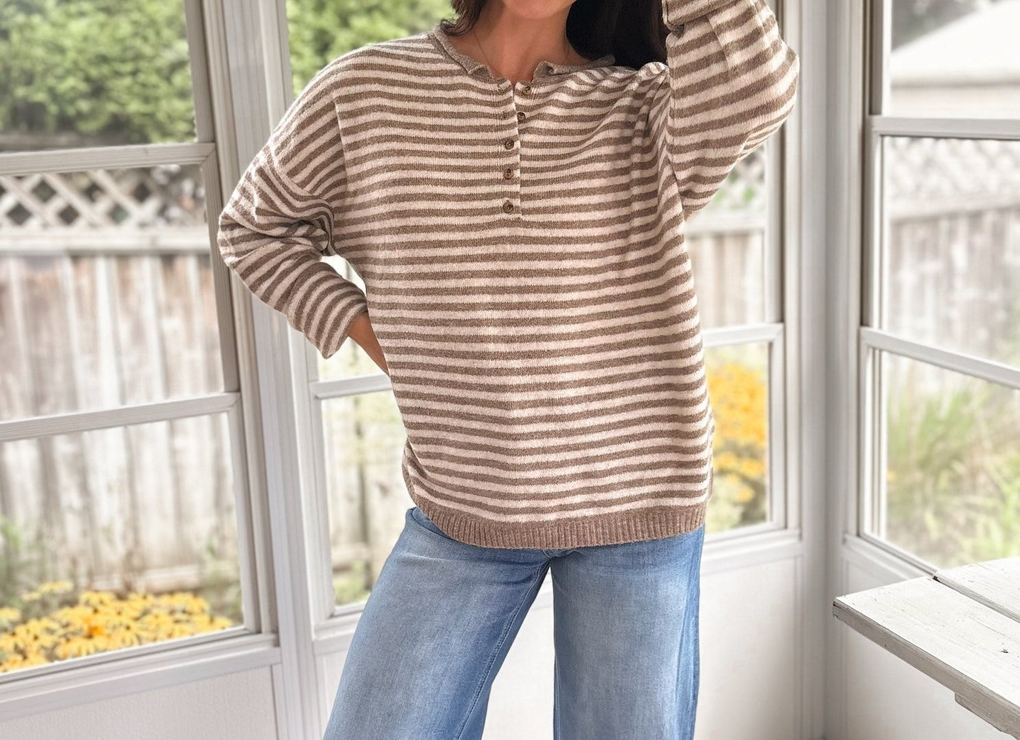 The Clover Button & Stripe Henley Drop Shoulder Sweater - Love and Lee Apparel