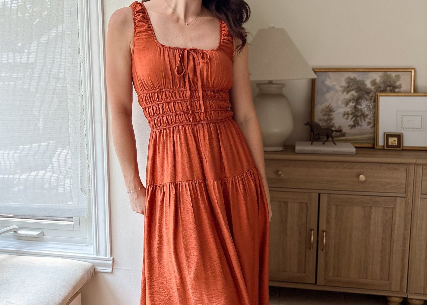 The Melody Satin Front Tie Shirred Waist Midi Dress - Love and Lee Apparel