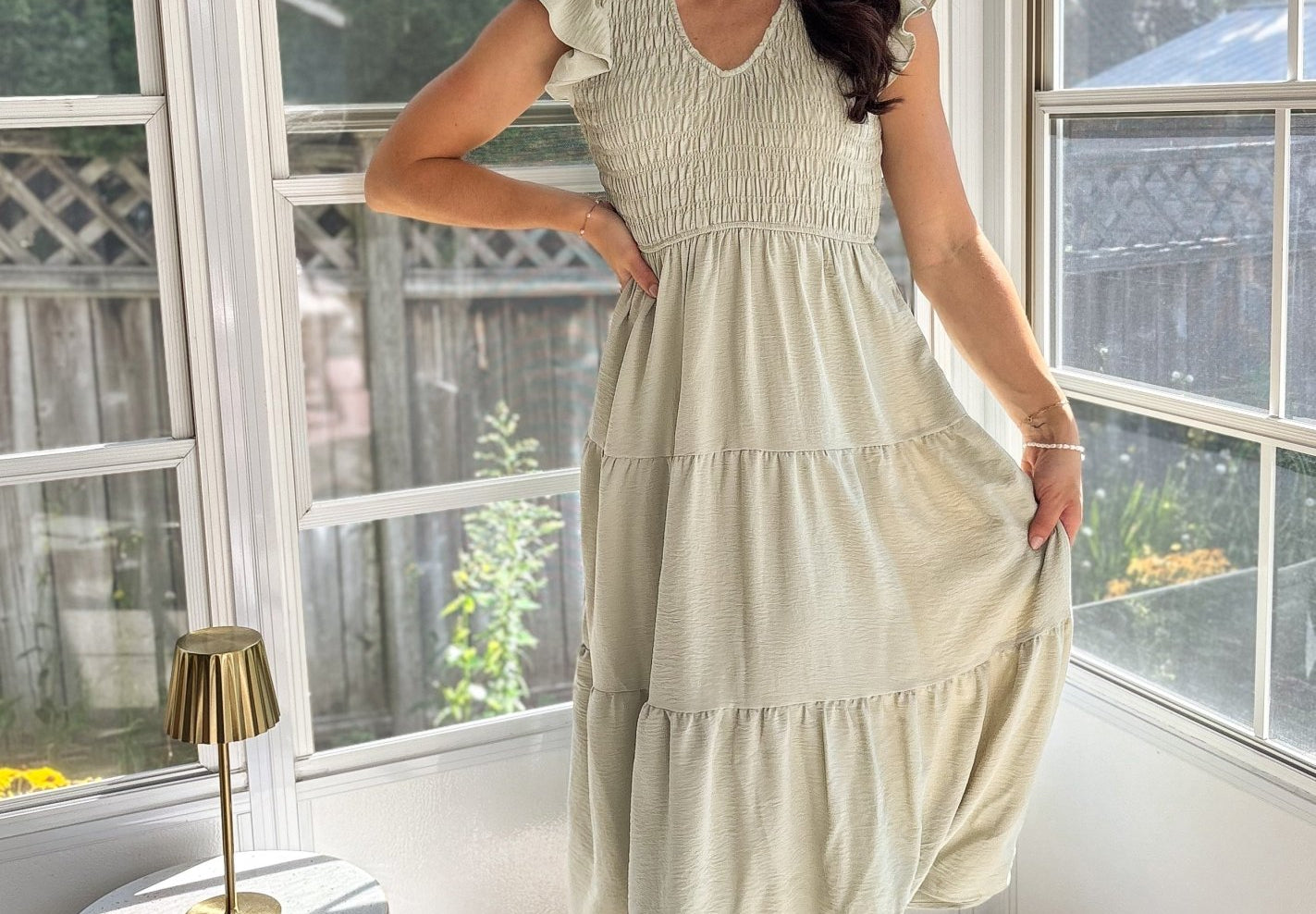 The Maureen Flutter Sleeve V Neck Smocked Midi Dress - Love and Lee Apparel