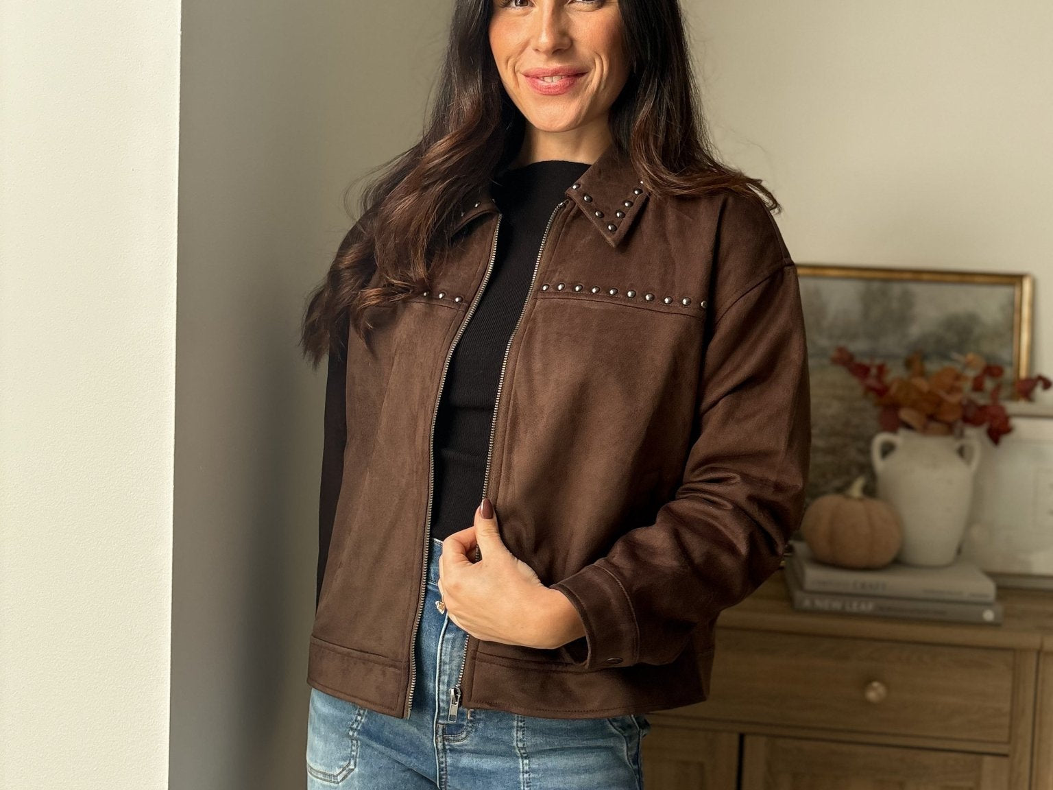 The 'Cozy Fireside' Studded Collared Zip-Up Suede Jacket - Love and Lee Apparel