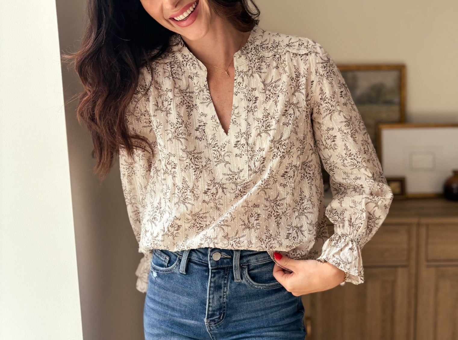 The Vintage Stonehouse Floral Print Split Neck Long Sleeve Blouse - Love and Lee Apparel