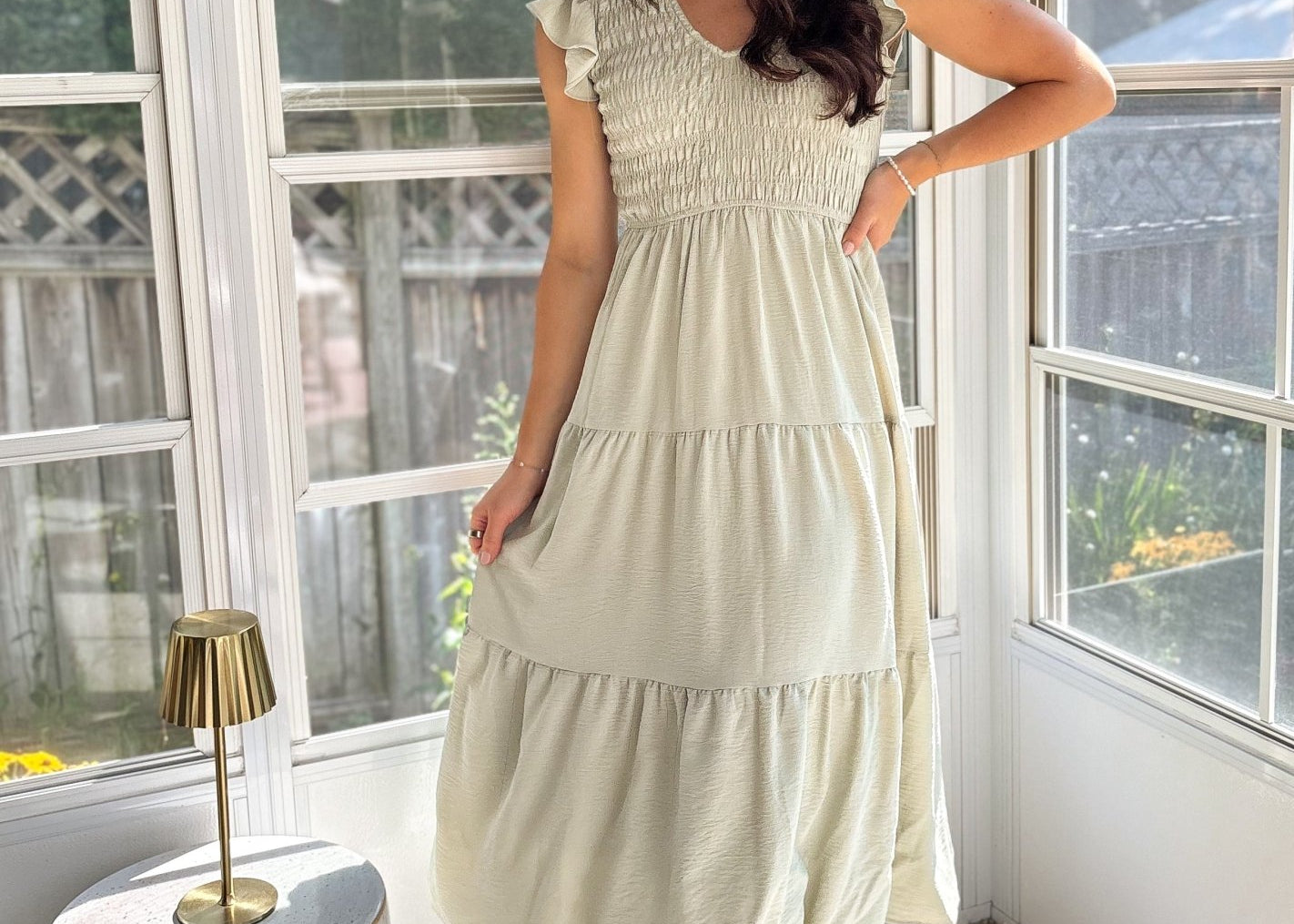 The Maureen Flutter Sleeve V Neck Smocked Midi Dress - Love and Lee Apparel