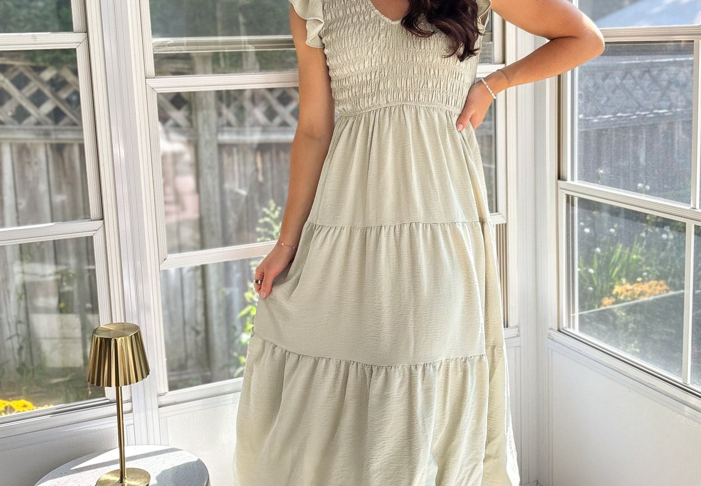 The Maureen Flutter Sleeve V Neck Smocked Midi Dress - Love and Lee Apparel