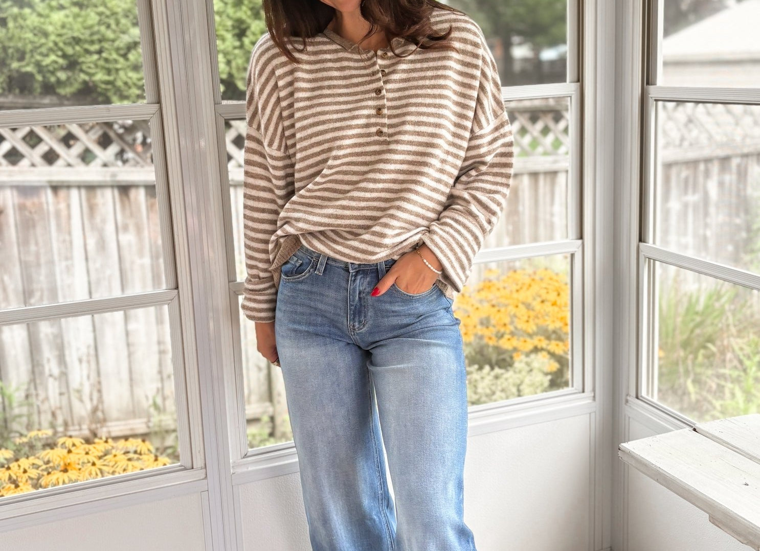 The Clover Button & Stripe Henley Drop Shoulder Sweater - Love and Lee Apparel