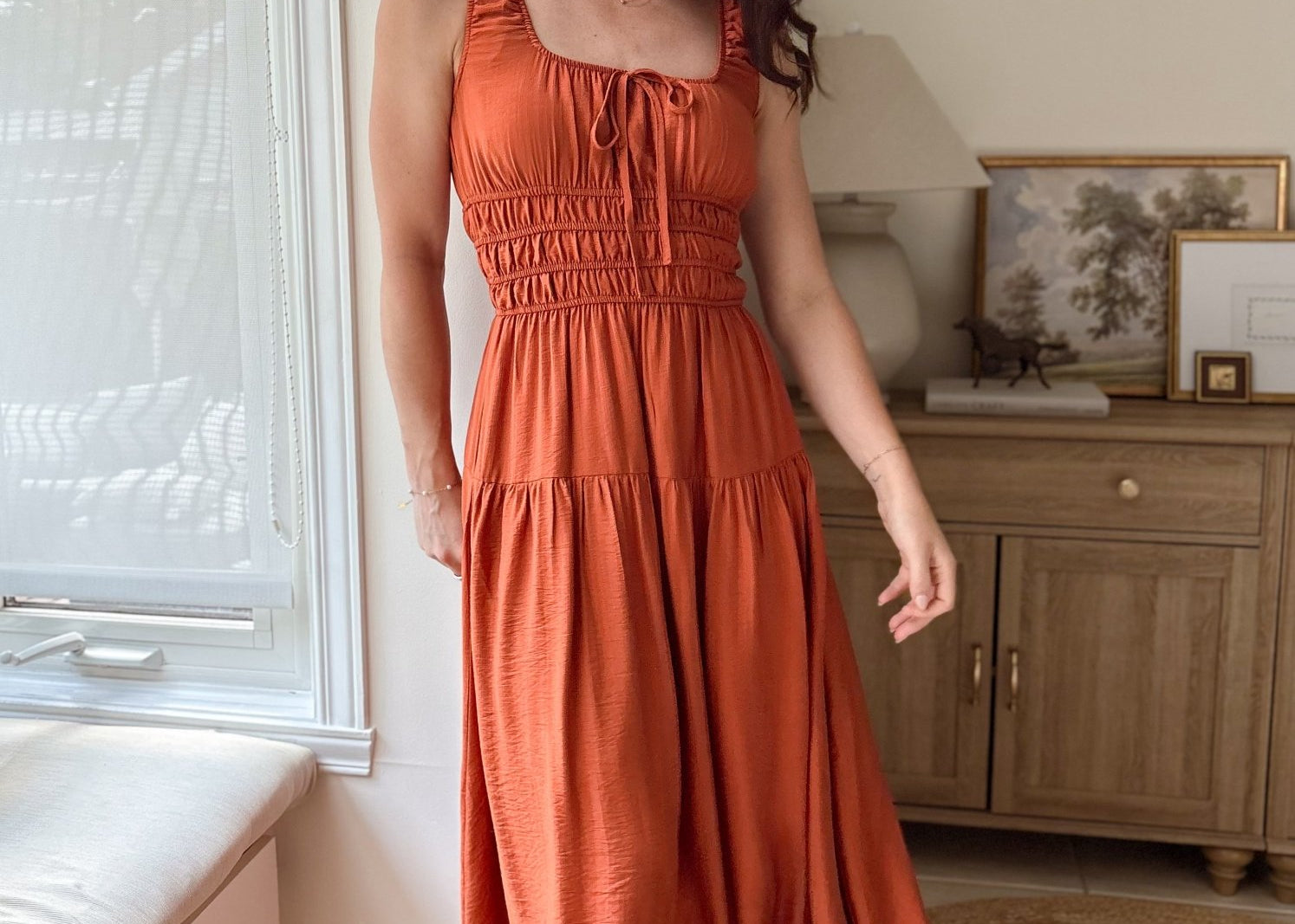 The Melody Satin Front Tie Shirred Waist Midi Dress - Love and Lee Apparel