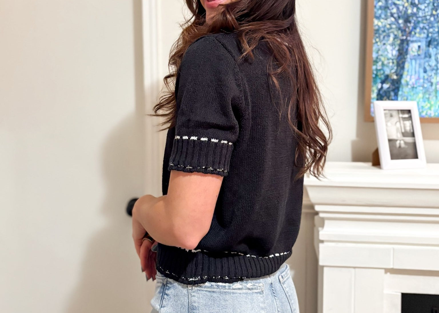 The Rhonda Short Sleeve Sweater with Contrast Stitch in Black - Love and Lee Apparel