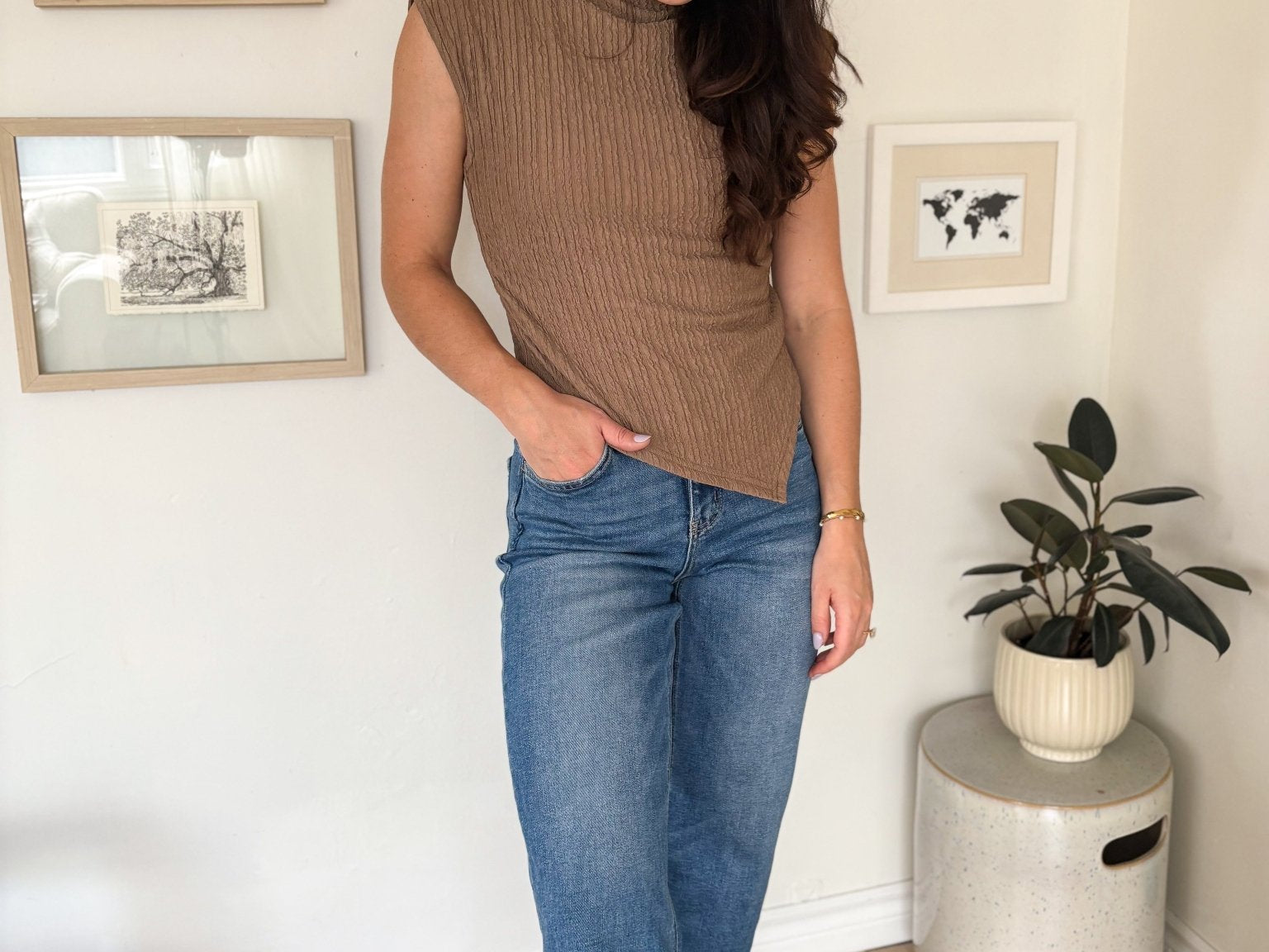 The Nikita Asymmetrical Hem Mock Neck Sleeveless Top in Mocha - Love and Lee Apparel