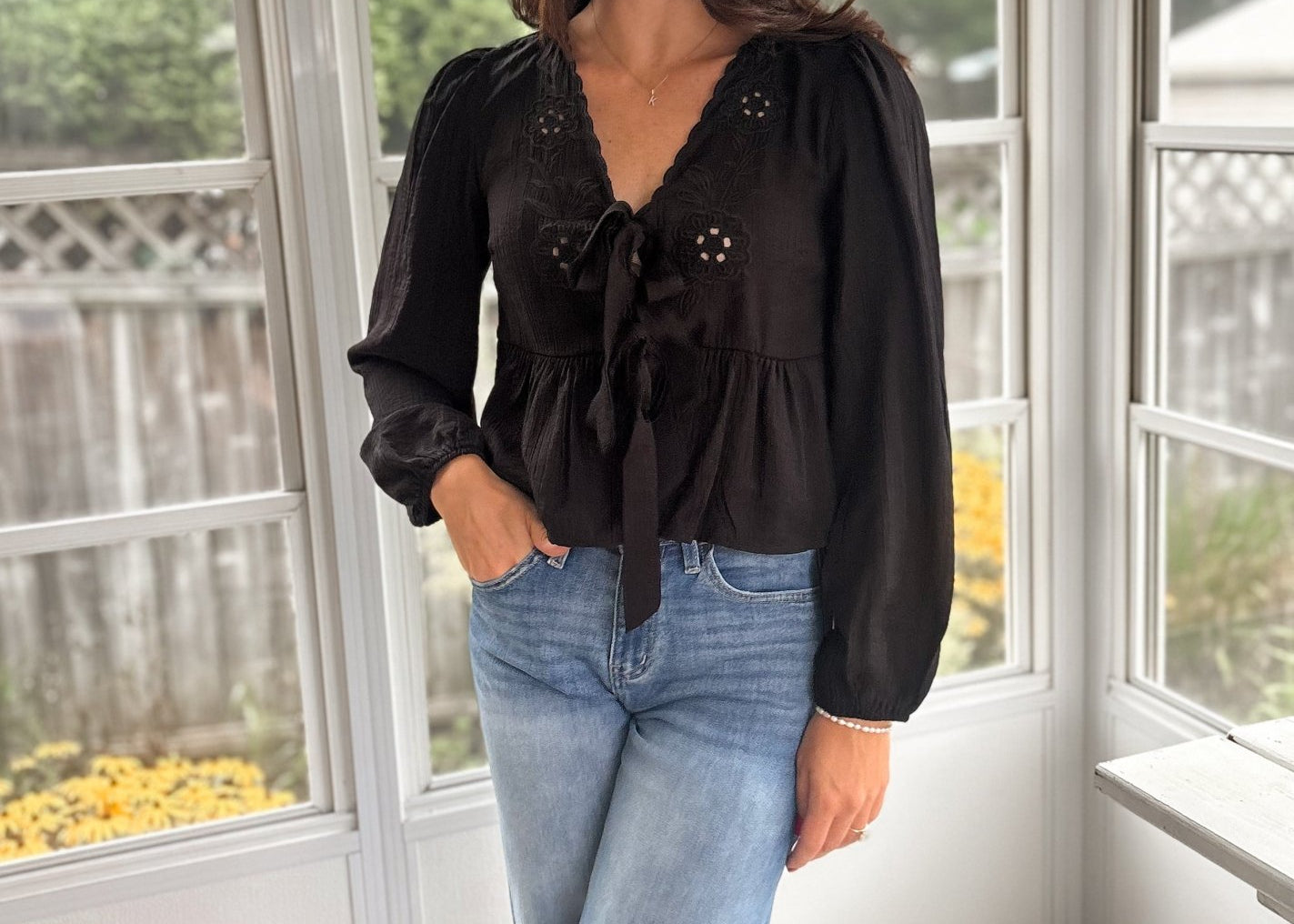 The Stevie Floral Eyelet Embroidery Front Tie Long Sleeve Top - Love and Lee Apparel