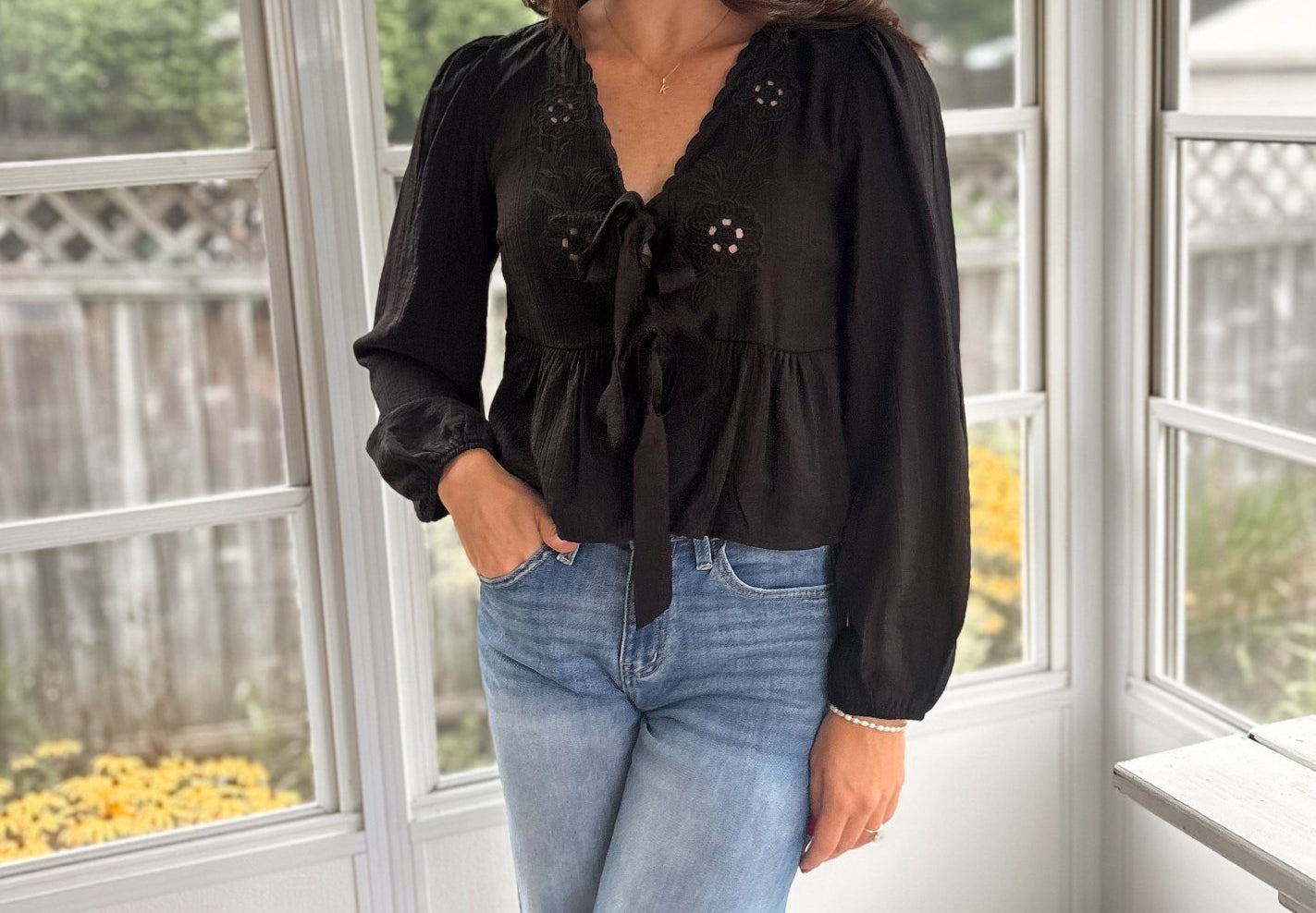 The Stevie Floral Eyelet Embroidery Front Tie Long Sleeve Top - Love and Lee Apparel