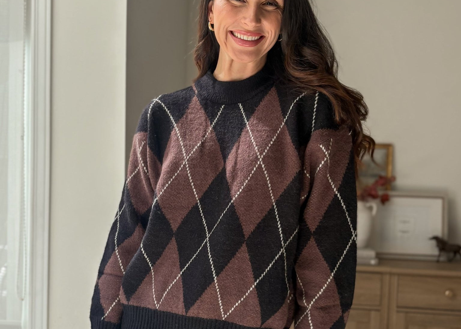 The 'Giving Season' Oversized Argyle Crew Neck Knit Pullover - Love and Lee Apparel