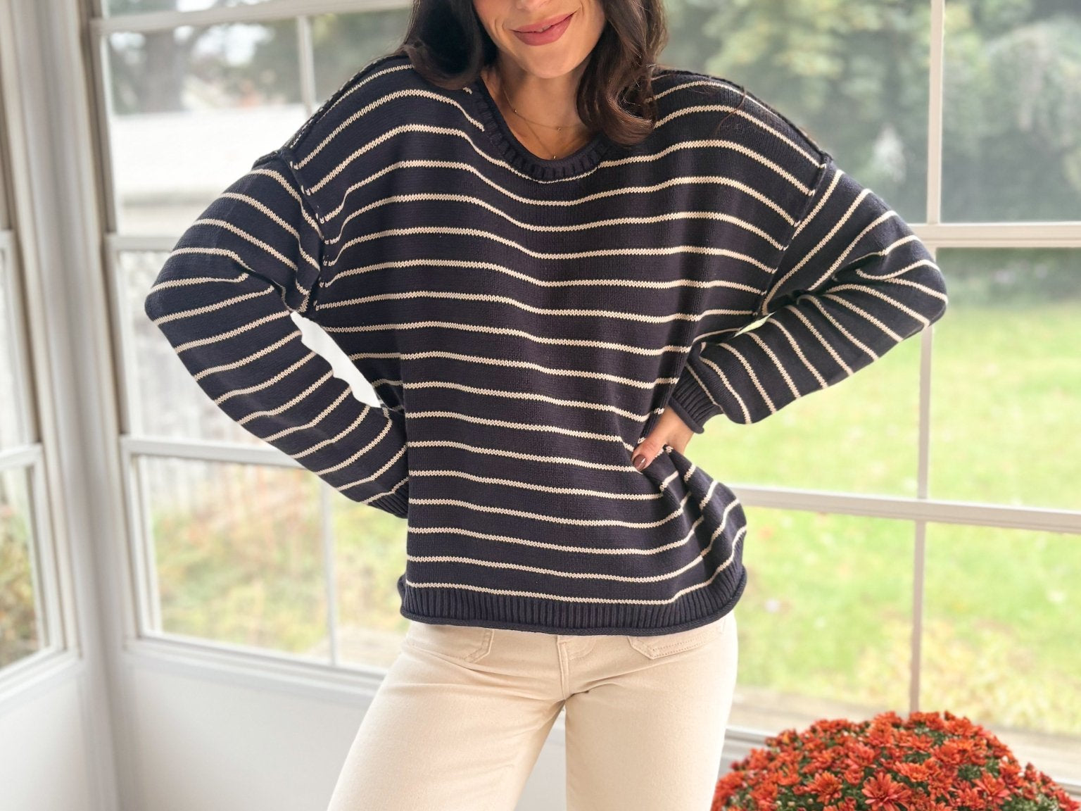 The Highlands Striped Drop Shoulder Crew Neck Sweater in Navy - Love and Lee Apparel