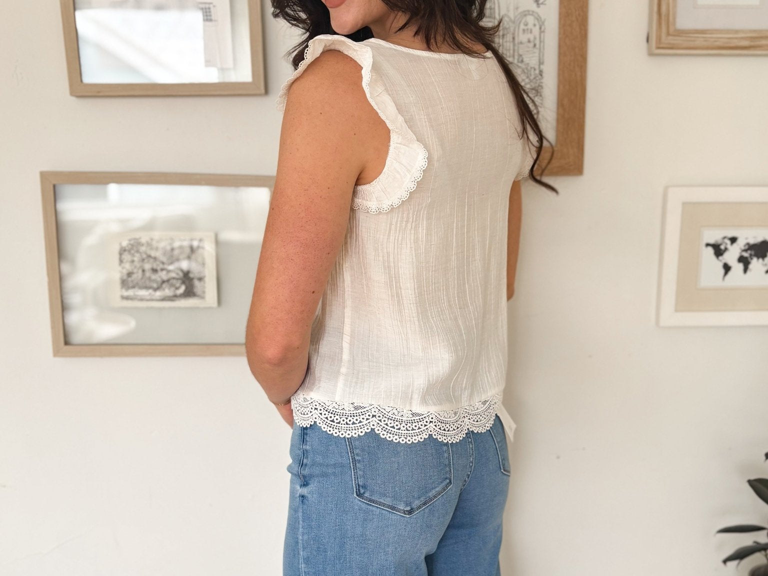 Evie Embroidery Lace Trim Pintuck Button Down Top - Love and Lee Apparel