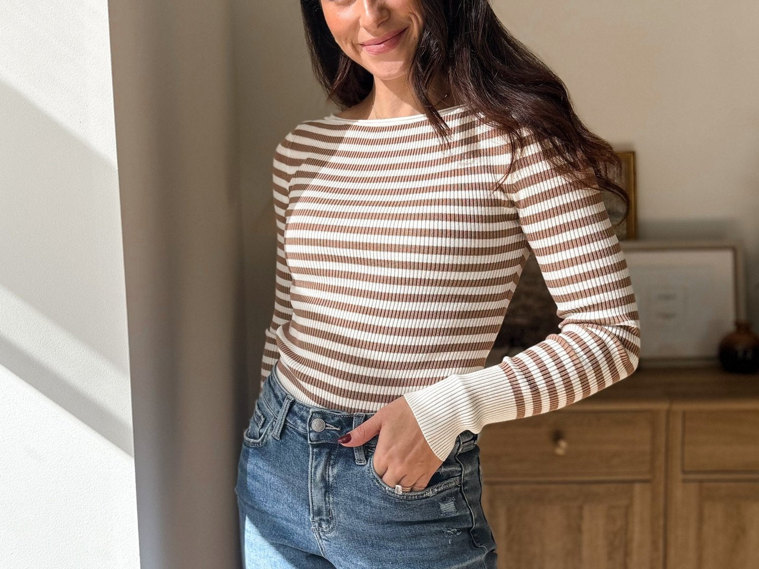 Atrium Boat Neck Stripe Ribbed Long Sleeve Sweater Top - Love and Lee Apparel