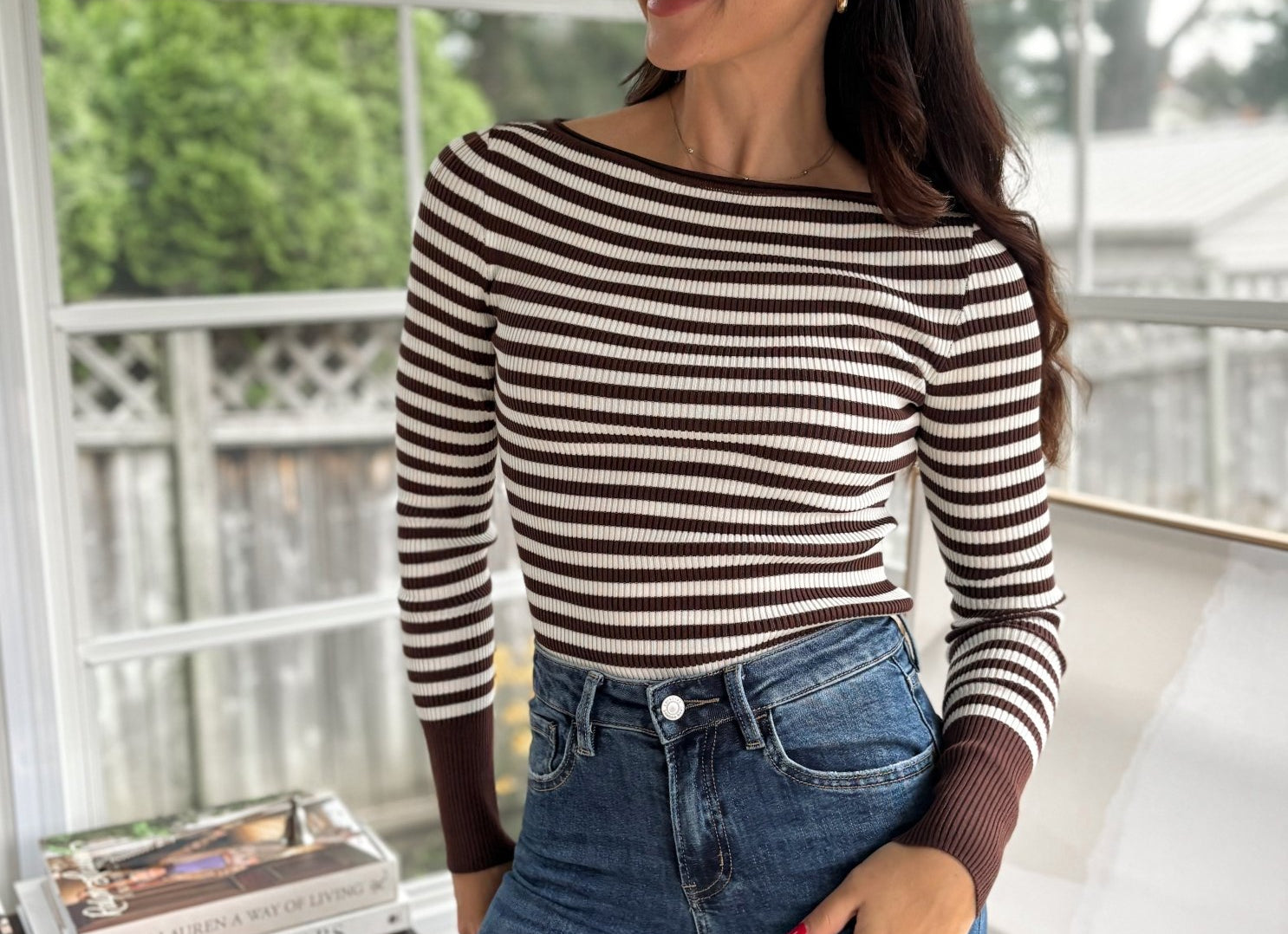 'Study Hall' Boat Neck Stripe Ribbed Long Sleeve Sweater Top - Love and Lee Apparel