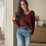 The 'Elanora' Long Sleeve V-Neck Pullover Knit in Cabernet - Love and Lee Apparel