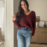 The 'Elanora' Long Sleeve V-Neck Pullover Knit in Cabernet - Love and Lee Apparel