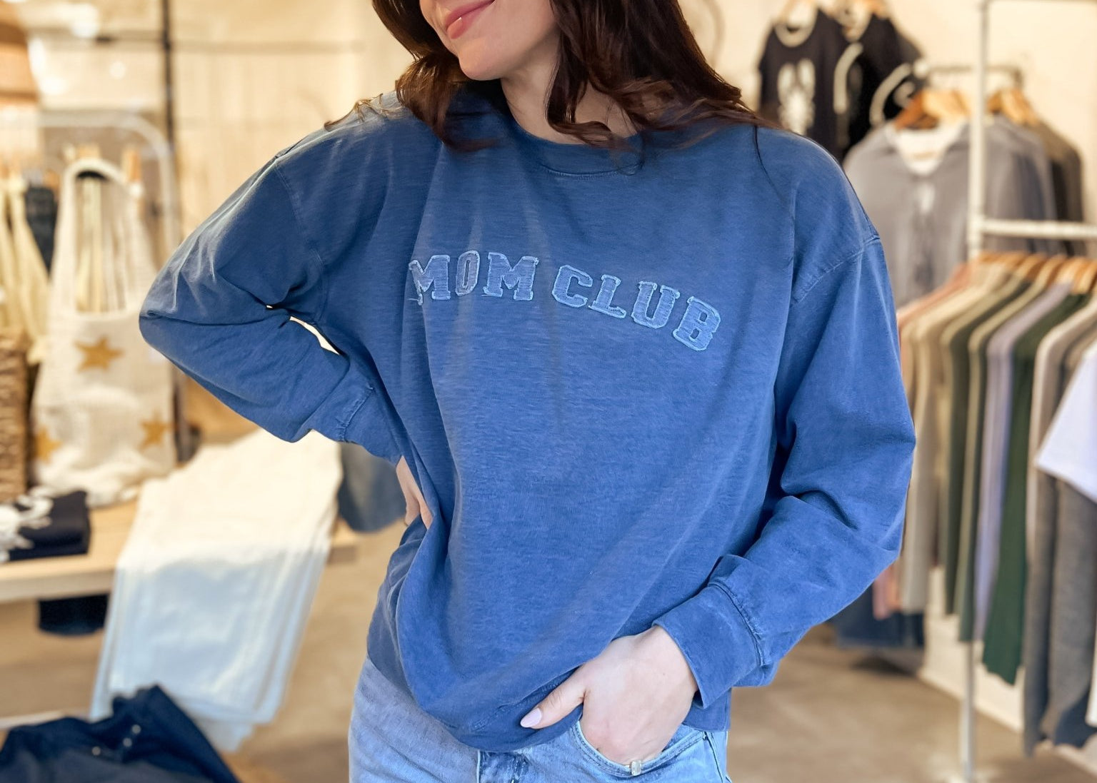 The Mom Club Crewneck Knit Top in Indigo Denim Blue - Love and Lee Apparel