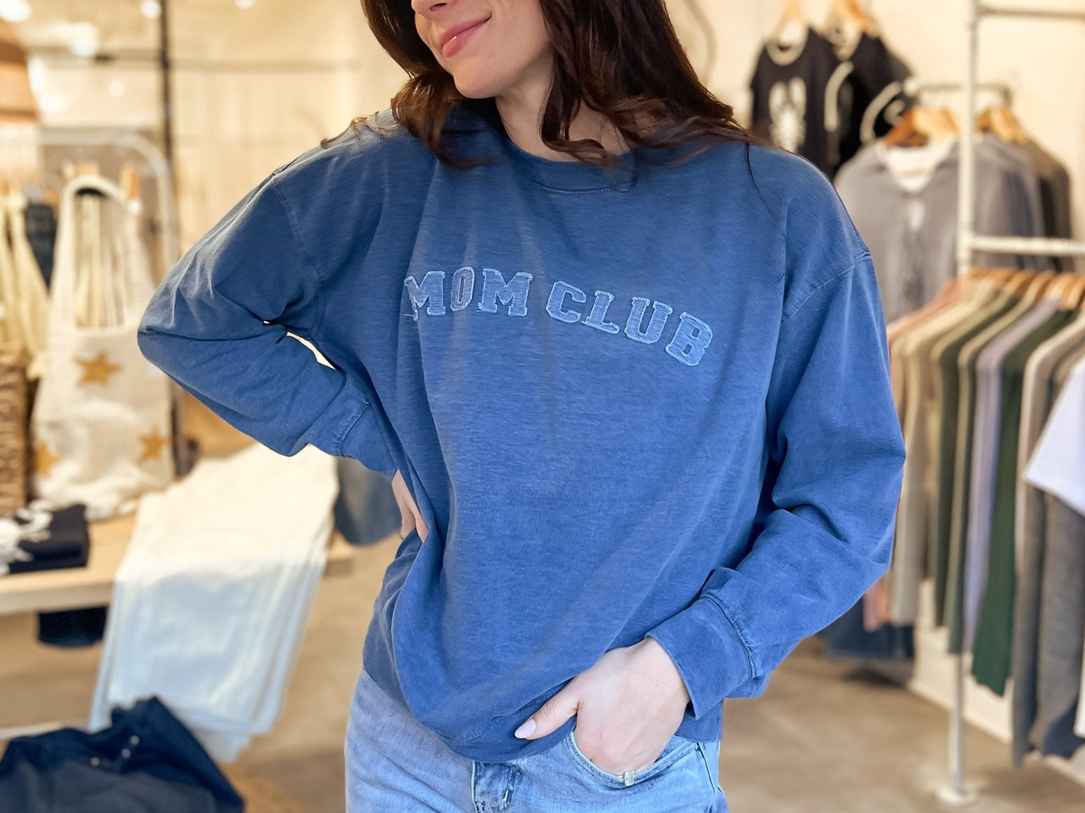 The Mom Club Crewneck Knit Top in Indigo Denim Blue - Love and Lee Apparel