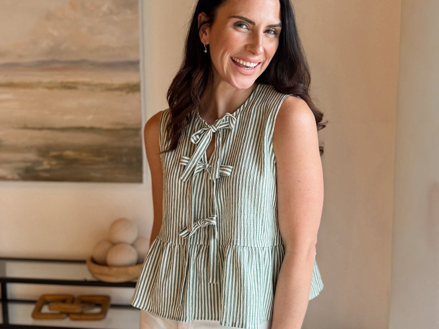 Cruising Stripe Front Tie Sleeveless Ruffle Hem Top - Love and Lee Apparel