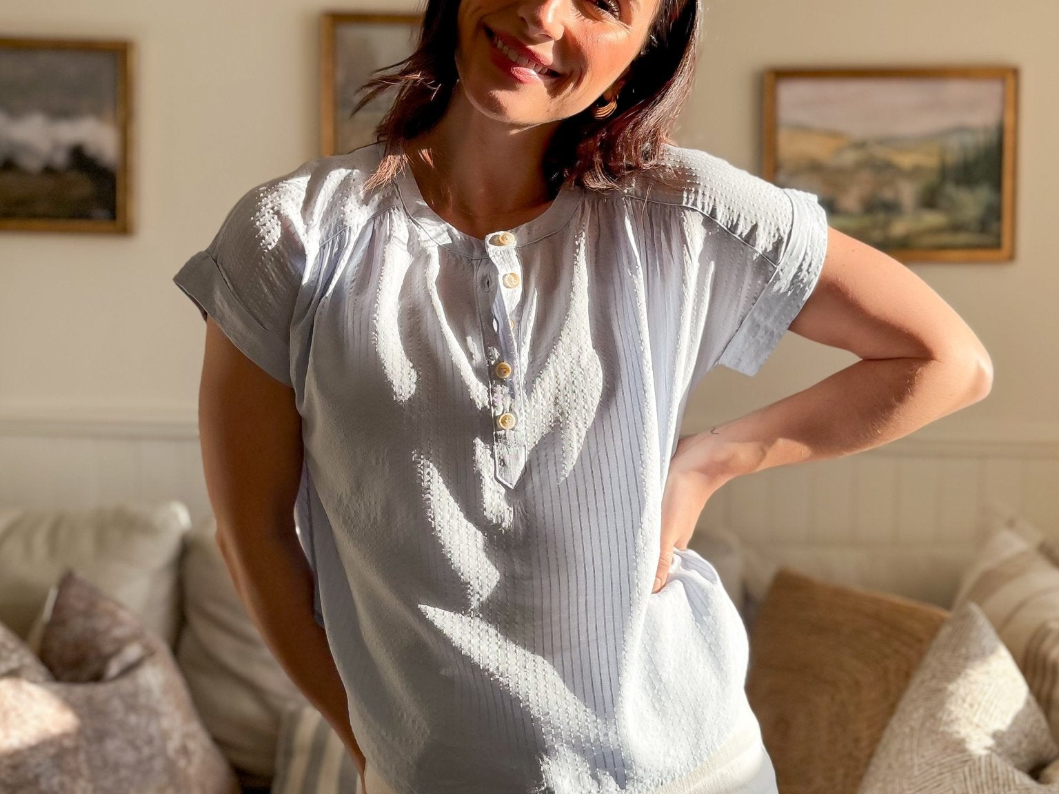 The Ruth Short Sleeve Henley Detail Blouse with Ruched Shoulder - Love and Lee Apparel