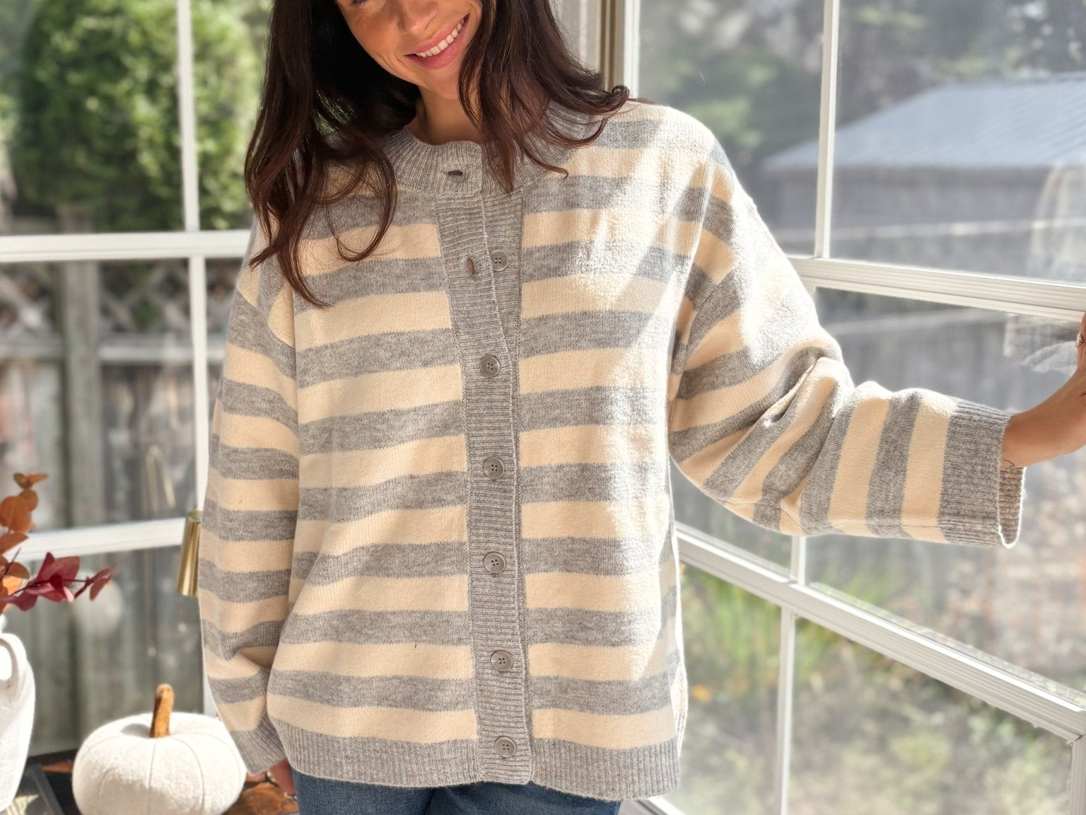 Morning Mist Striped Button Down Boxy Knit Cardigan - Love and Lee Apparel