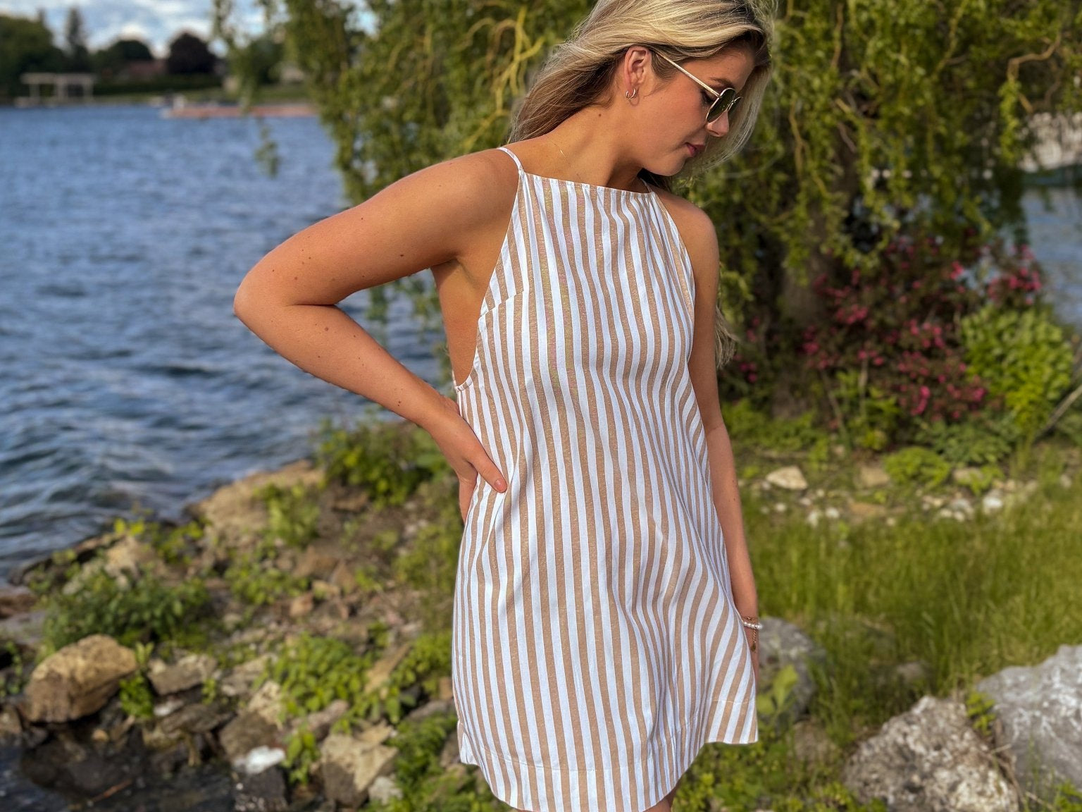 Muskoka Striped Straight Neck Knee-Length Dress in Beige - Love and Lee Apparel