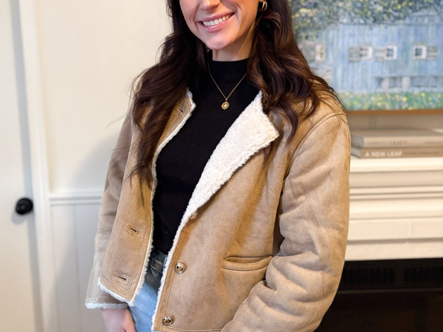 The Monique Long Sleeve Gold Button Closure Inner Fur Faux Suede Jacket - Love and Lee Apparel