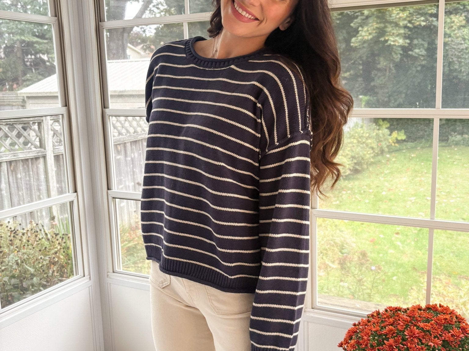 The Highlands Striped Drop Shoulder Crew Neck Sweater in Navy - Love and Lee Apparel
