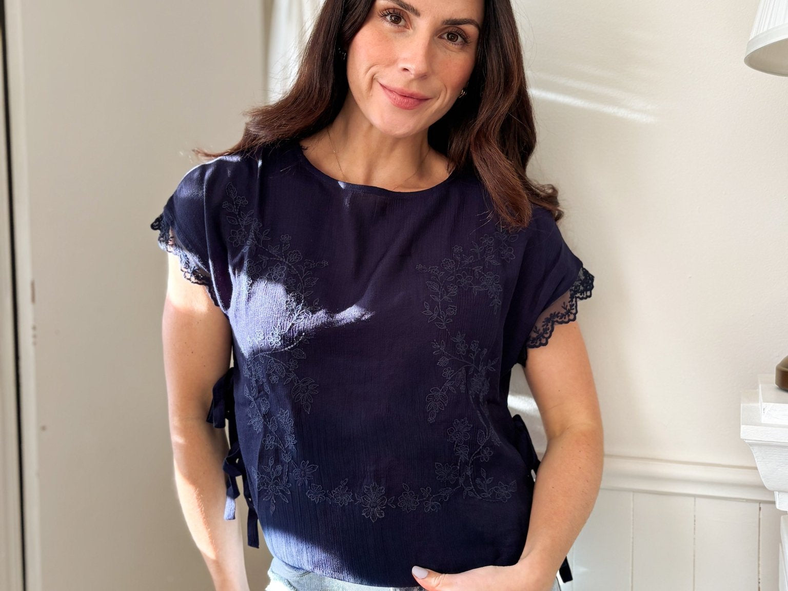 The Tyra Lace Detail Blouse in Navy - Love and Lee Apparel