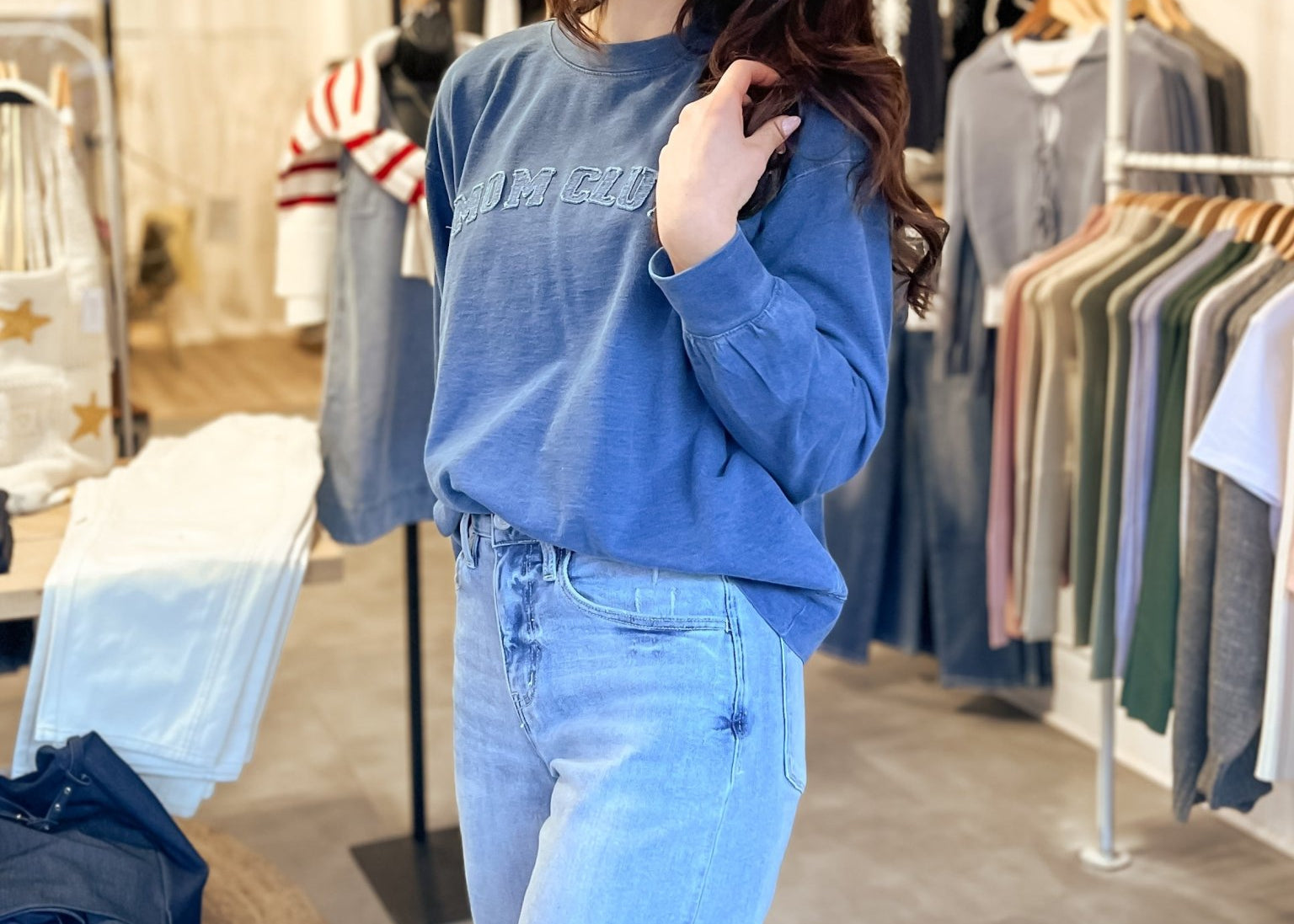 The Mom Club Crewneck Knit Top in Indigo Denim Blue - Love and Lee Apparel