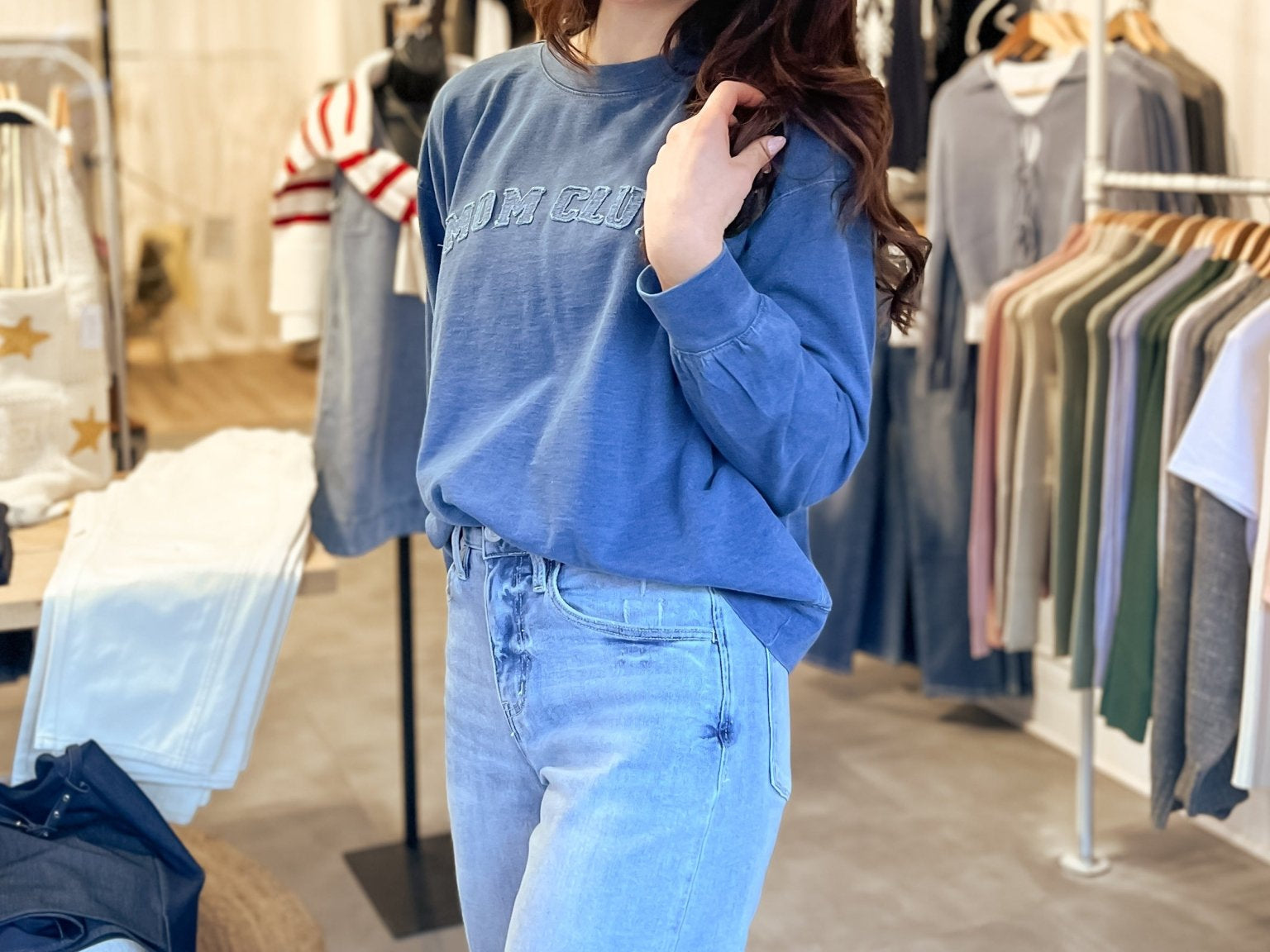 The Mom Club Crewneck Knit Top in Indigo Denim Blue - Love and Lee Apparel