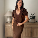 The 'Harvest House' Satin Lace Trim V Neck Puff Sleeve Blouse - Love and Lee Apparel