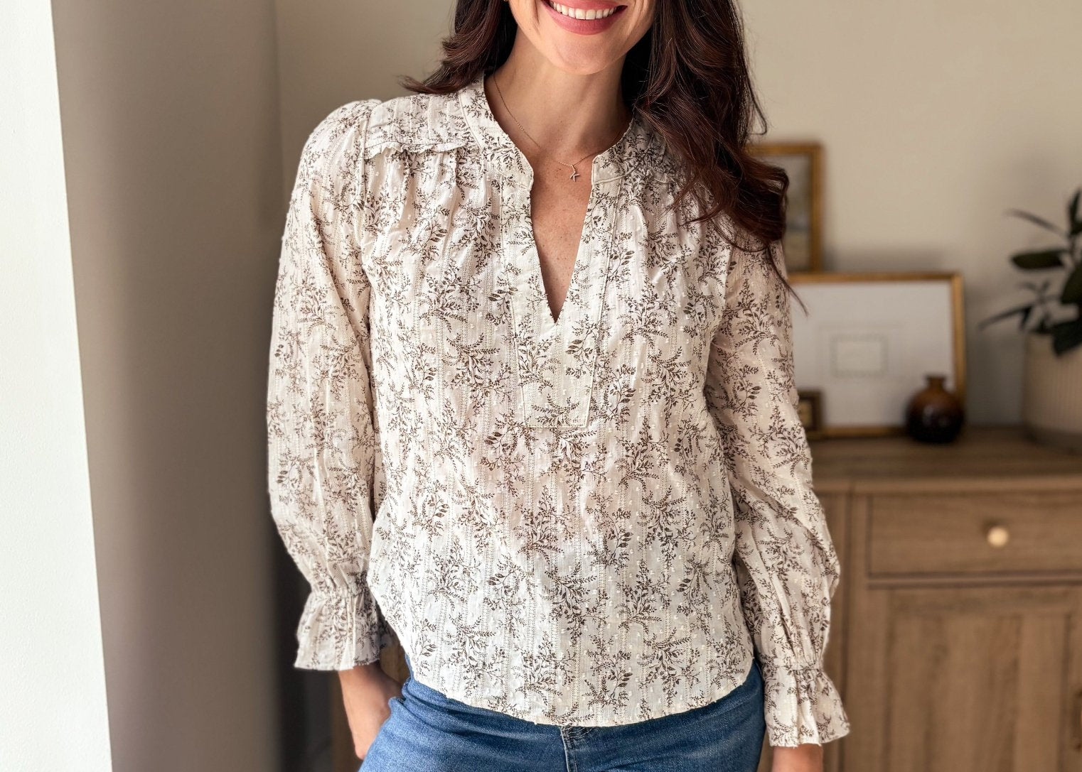 The Vintage Stonehouse Floral Print Split Neck Long Sleeve Blouse - Love and Lee Apparel