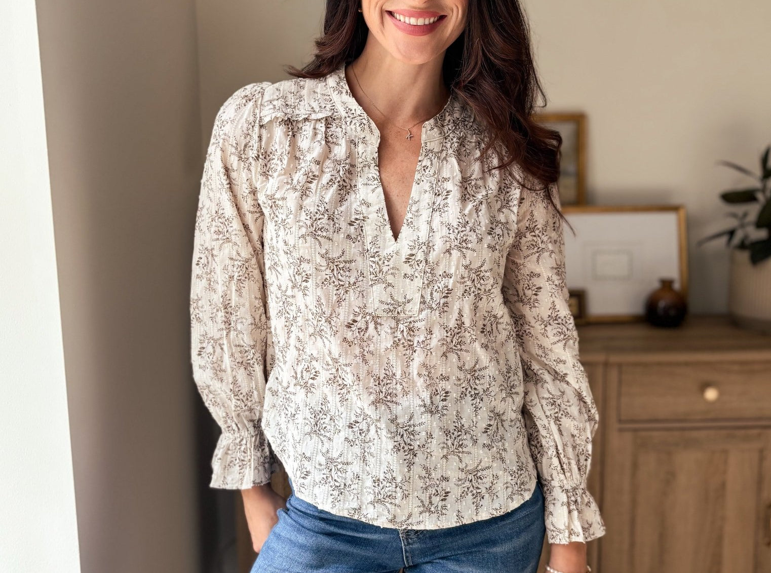 The Vintage Stonehouse Floral Print Split Neck Long Sleeve Blouse - Love and Lee Apparel
