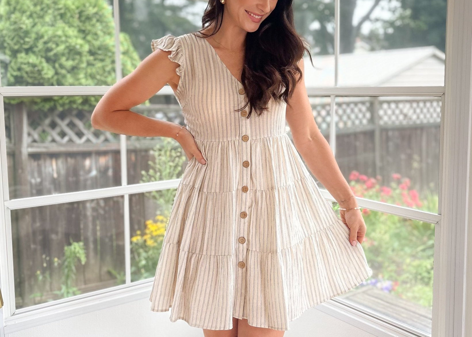 Rhea Stripe V Neck Button Down Tiered Dress - Love and Lee Apparel