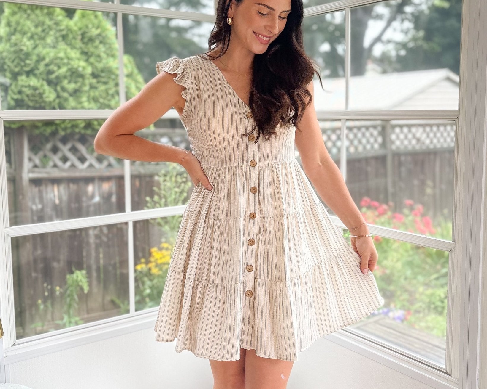 Rhea Stripe V Neck Button Down Tiered Dress - Love and Lee Apparel