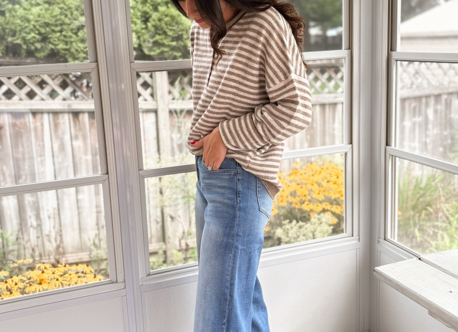 The Clover Button & Stripe Henley Drop Shoulder Sweater - Love and Lee Apparel