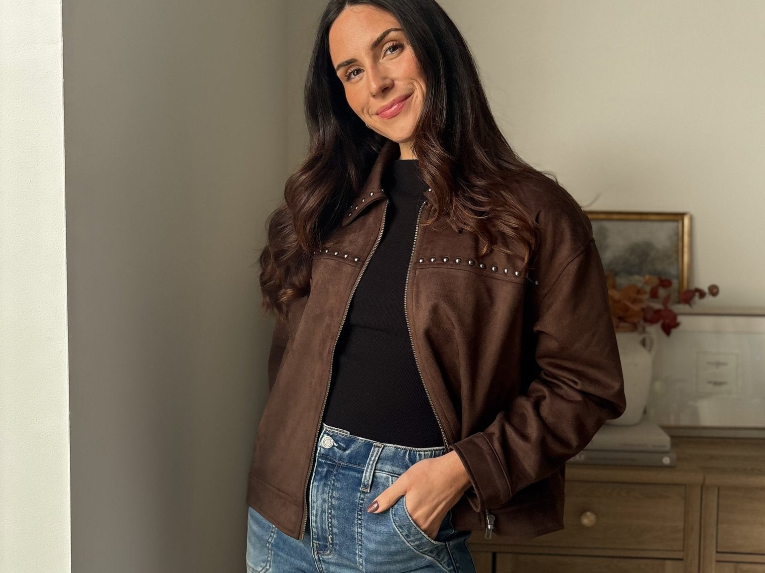 The 'Cozy Fireside' Studded Collared Zip-Up Suede Jacket - Love and Lee Apparel