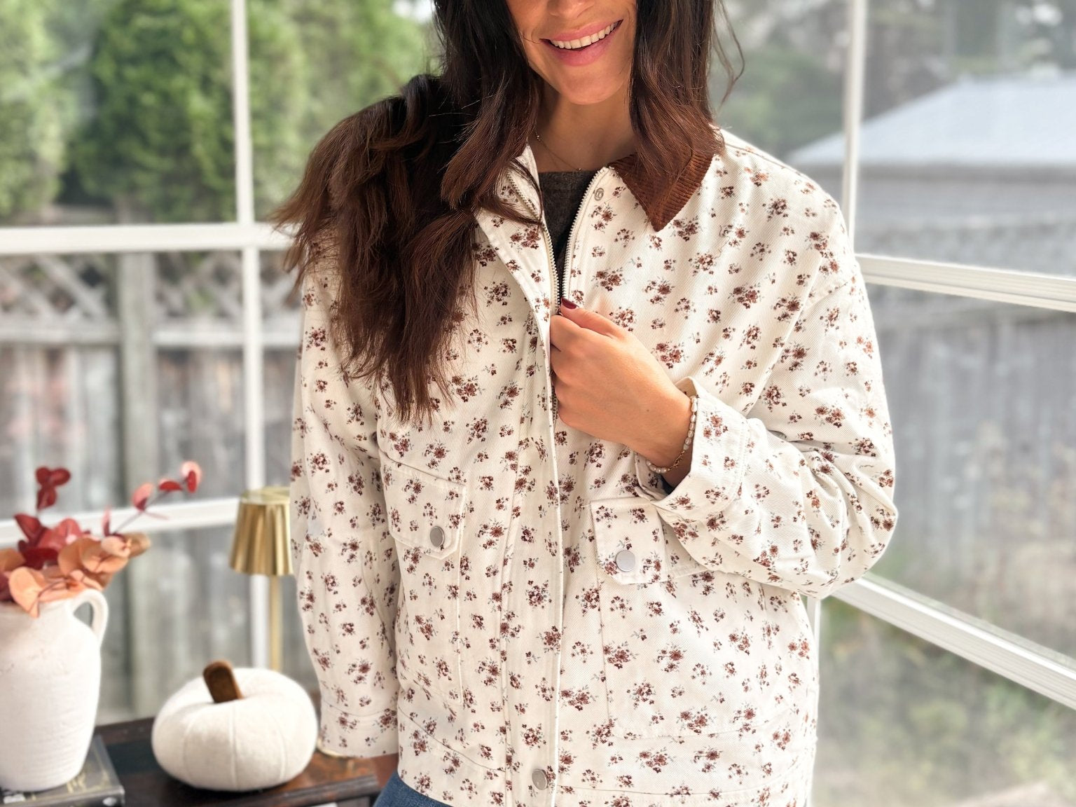 Golden Grove Floral Corduroy Collar Denim Jacket - Love and Lee Apparel