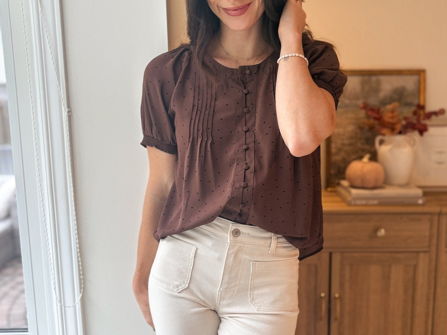 The Mayfair Pintuck Polka Dot Button Down Puff Sleeve Top - Love and Lee Apparel
