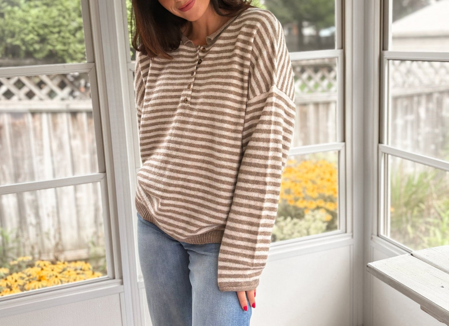 The Clover Button & Stripe Henley Drop Shoulder Sweater - Love and Lee Apparel