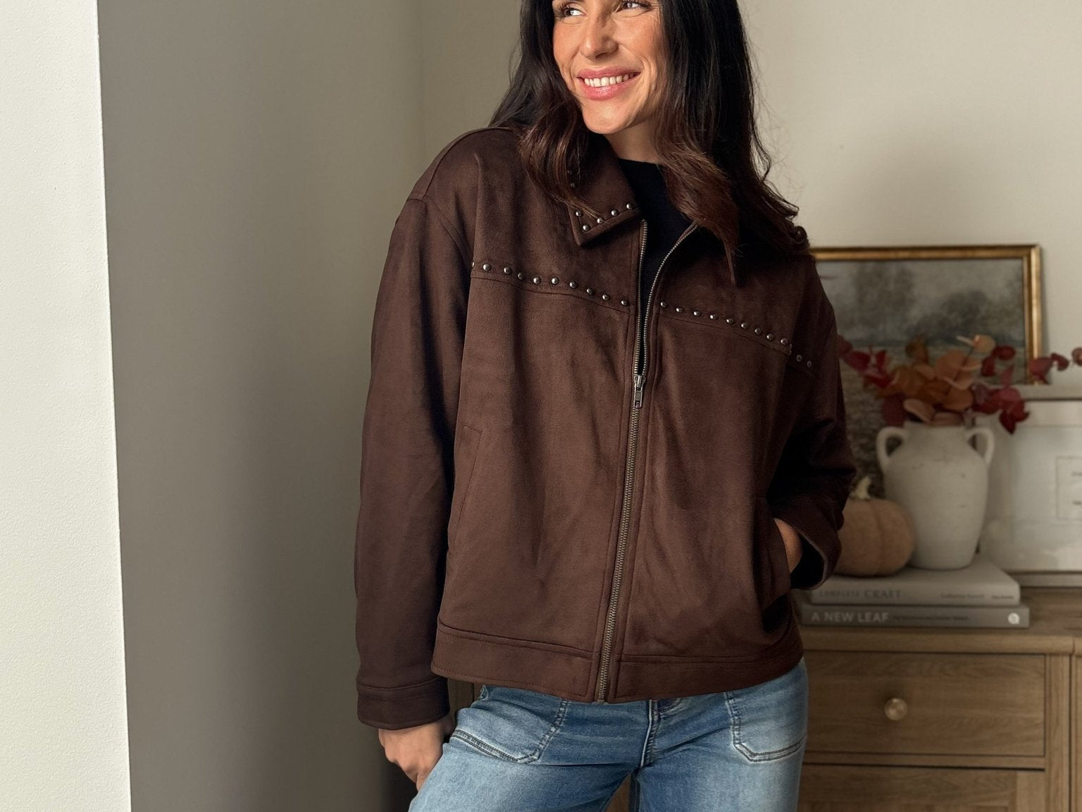 The 'Cozy Fireside' Studded Collared Zip-Up Suede Jacket - Love and Lee Apparel