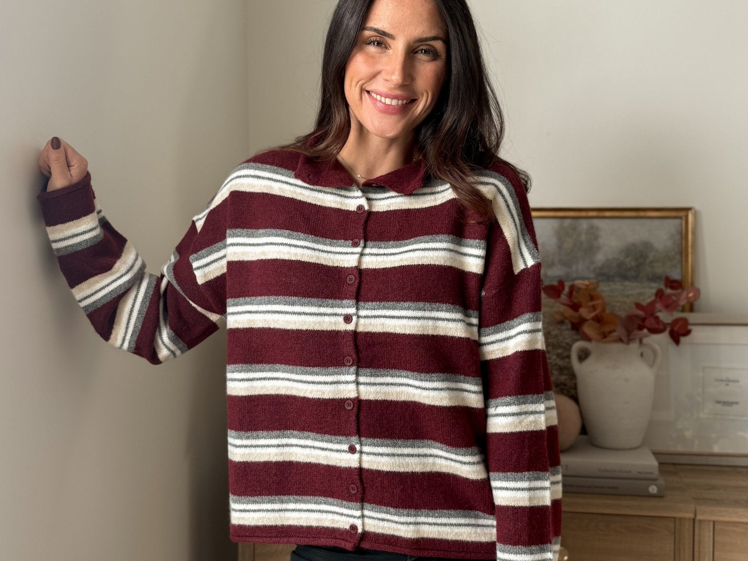 The 'Sparkling Cider' Multi-Color Stripe Rolled Neck Knit Cardigan - Love and Lee Apparel